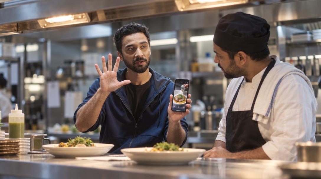 An owner holds up five fingers and a phone showing a short food video beside a cook.