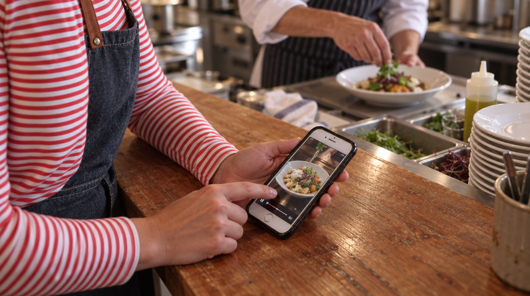 An owner taps a phone showing a food video at the counter while a cook plates a dish.