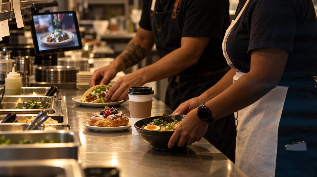 Two restaurant workers arrange different foods in separate spots on a counter.