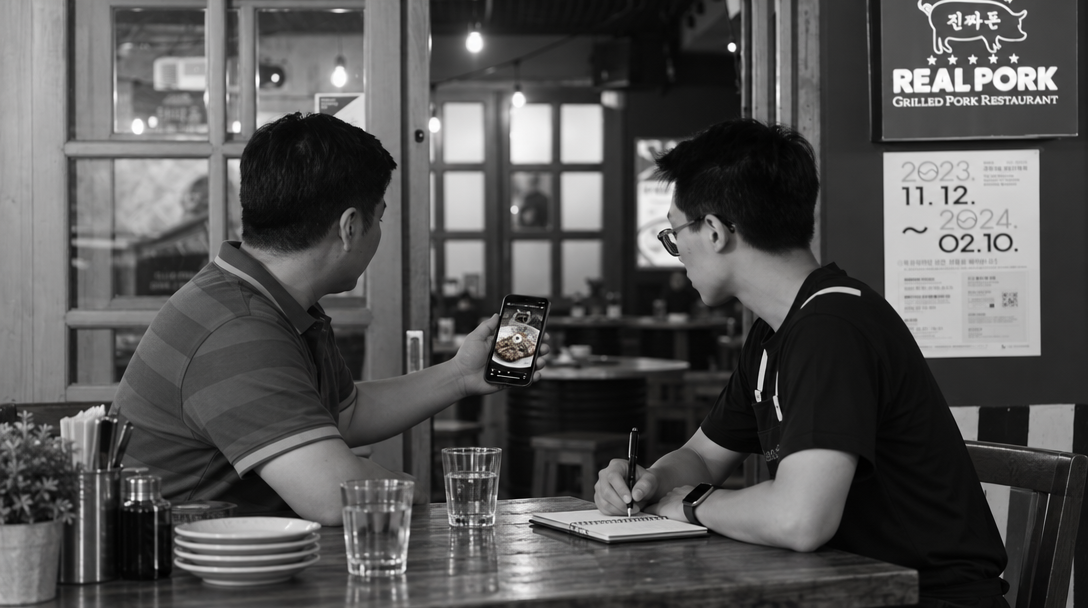 An owner and a server use a phone showing a food video and take notes at a table.