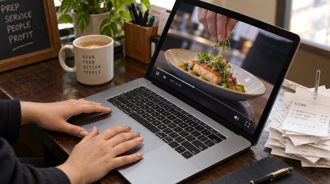 An owner sits at a desk with a laptop showing a food video and receipts nearby.
