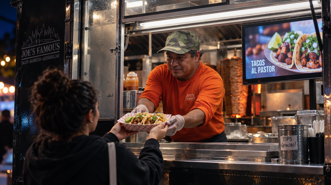 A food truck cook hands tacos through the service window to a customer.