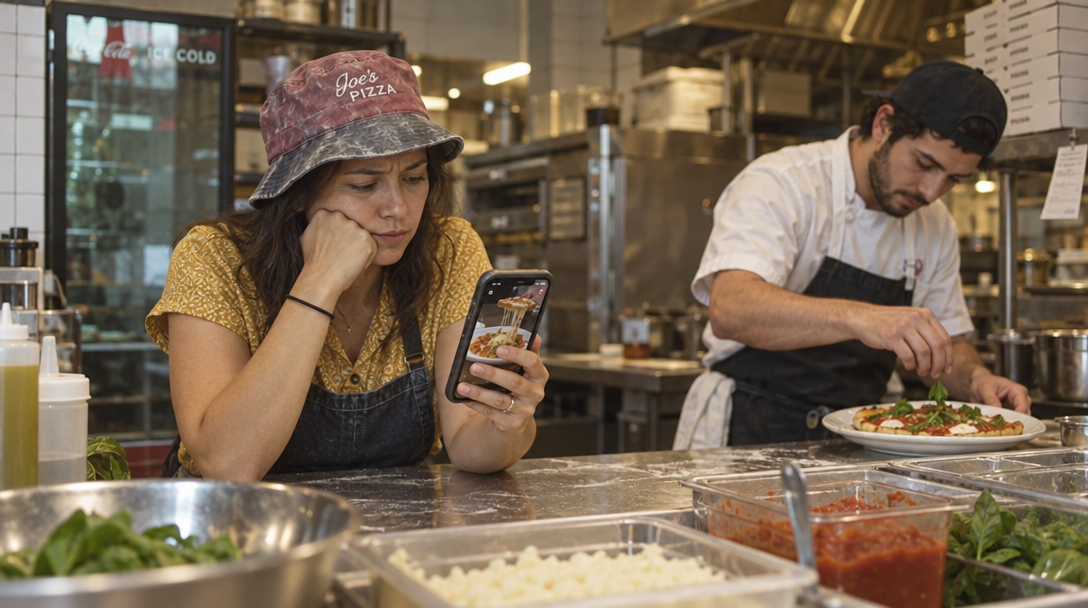 An owner frowns at a phone showing a food video while a cook plates a dish.
