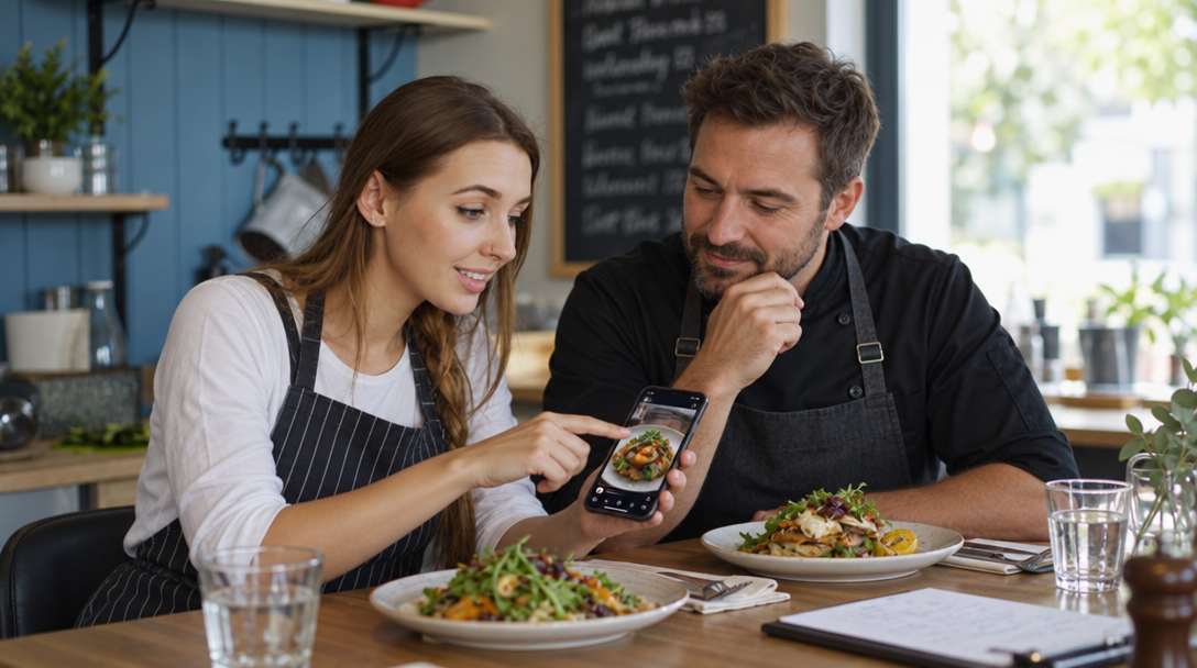 An owner and a manager review a phone showing a food video at a table with plates.