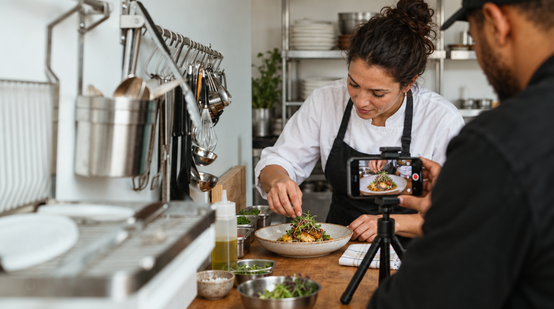 An owner films a cook plating a dish with a phone on a tripod in the kitchen.