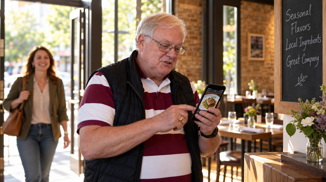 Un restaurateur consulte la photo d’un plat sur son téléphone près de l’entrée.