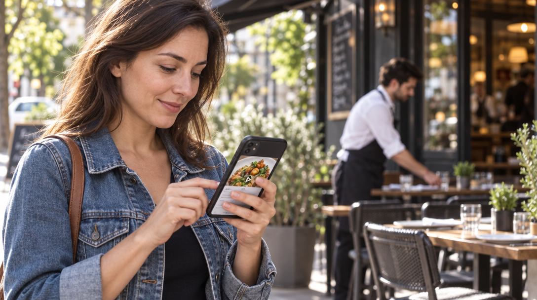 Une cliente consulte son téléphone devant la terrasse d’un restaurant de quartier.
