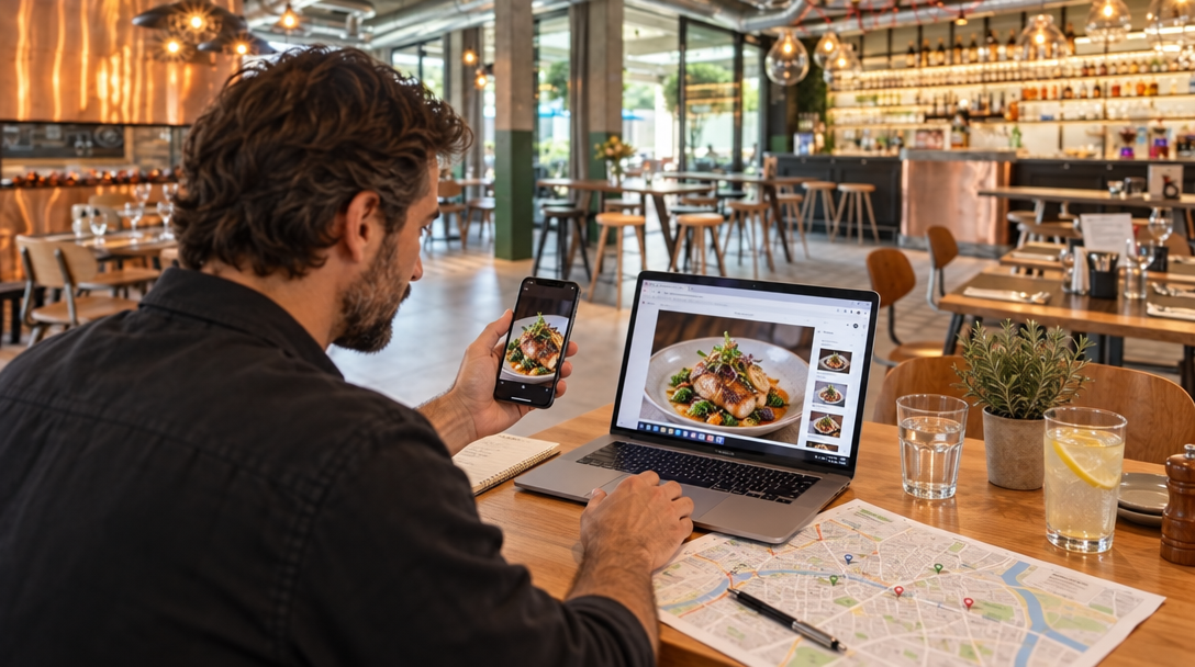 Un restaurateur compare la présentation de son établissement sur plusieurs supports.