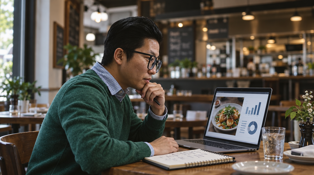 Un restaurateur analyse ses résultats mensuels près du carnet de réservations.