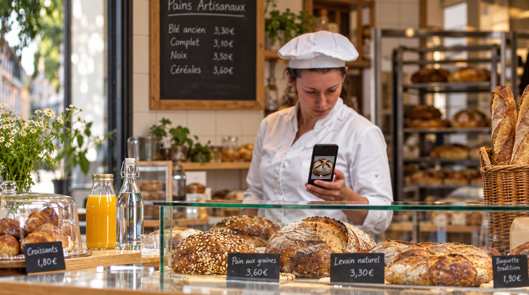 Une boulangère vérifie son profil devant un comptoir garni de pains.