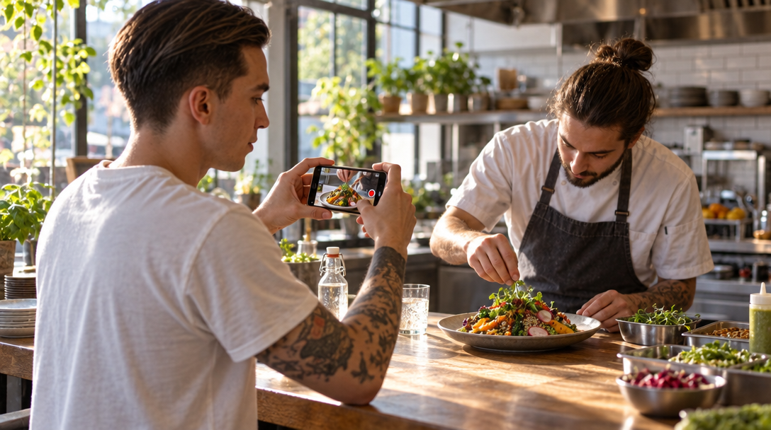 Un cuisinier filme le dressage d’une assiette végétarienne en cuisine.