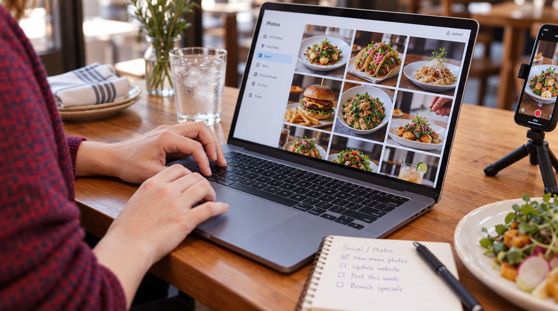 Un restaurateur organise ses photos de plats sur un ordinateur.