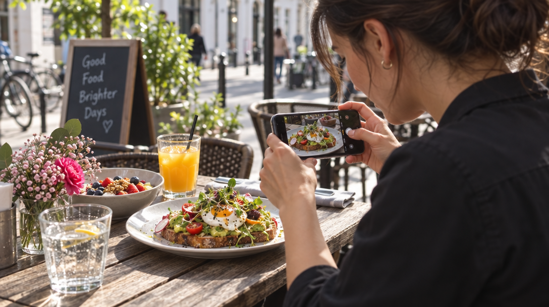 Une responsable photographie un brunch sur une terrasse de quartier.